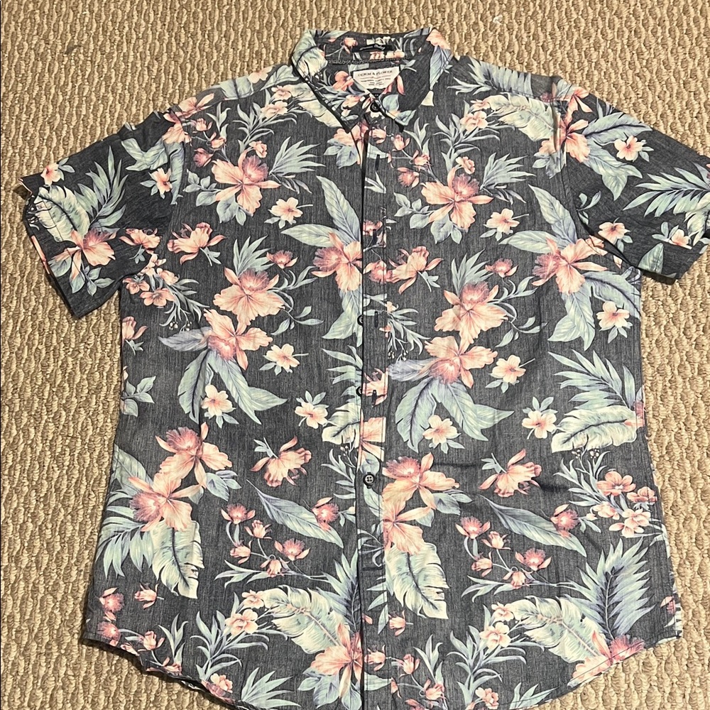 Denim & Flower Tropical Floral Shirt - Gray and Pink